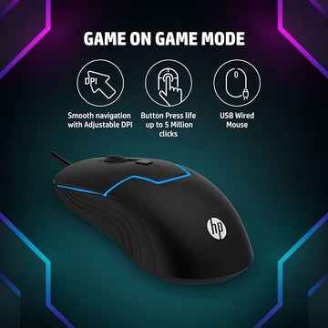 HP M100 USB Wired Gaming Optical Mouse with LED Backlight and Adjustable 1000/1600 DPI Settings, 3 Buttons and Press Life Up to 5 Million Clicks