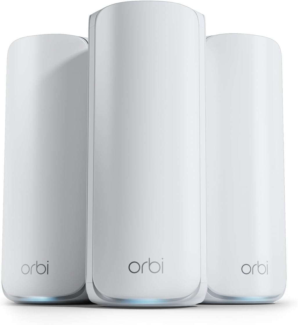 NETGEAR Orbi 770 Series Tri-Band WiFi 7 Mesh Network System (RBE773) - Router + 2 Satellite Extenders, Security Features, Up to 11Gbps, Covers up to 8,000 sq. ft., 100 Devices, 2.5 Gig Internet Port