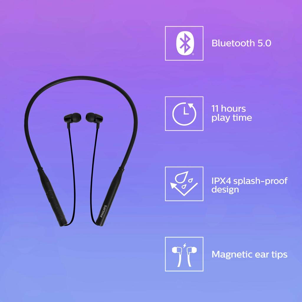 Philips Audio TAN2215 Bluetooth Wireless In Ear Earphones with 11 Hr Playtime, 9 mm Drivers, IPX4 Splash Proof, Magnetic Eartips, with Mic (Black)