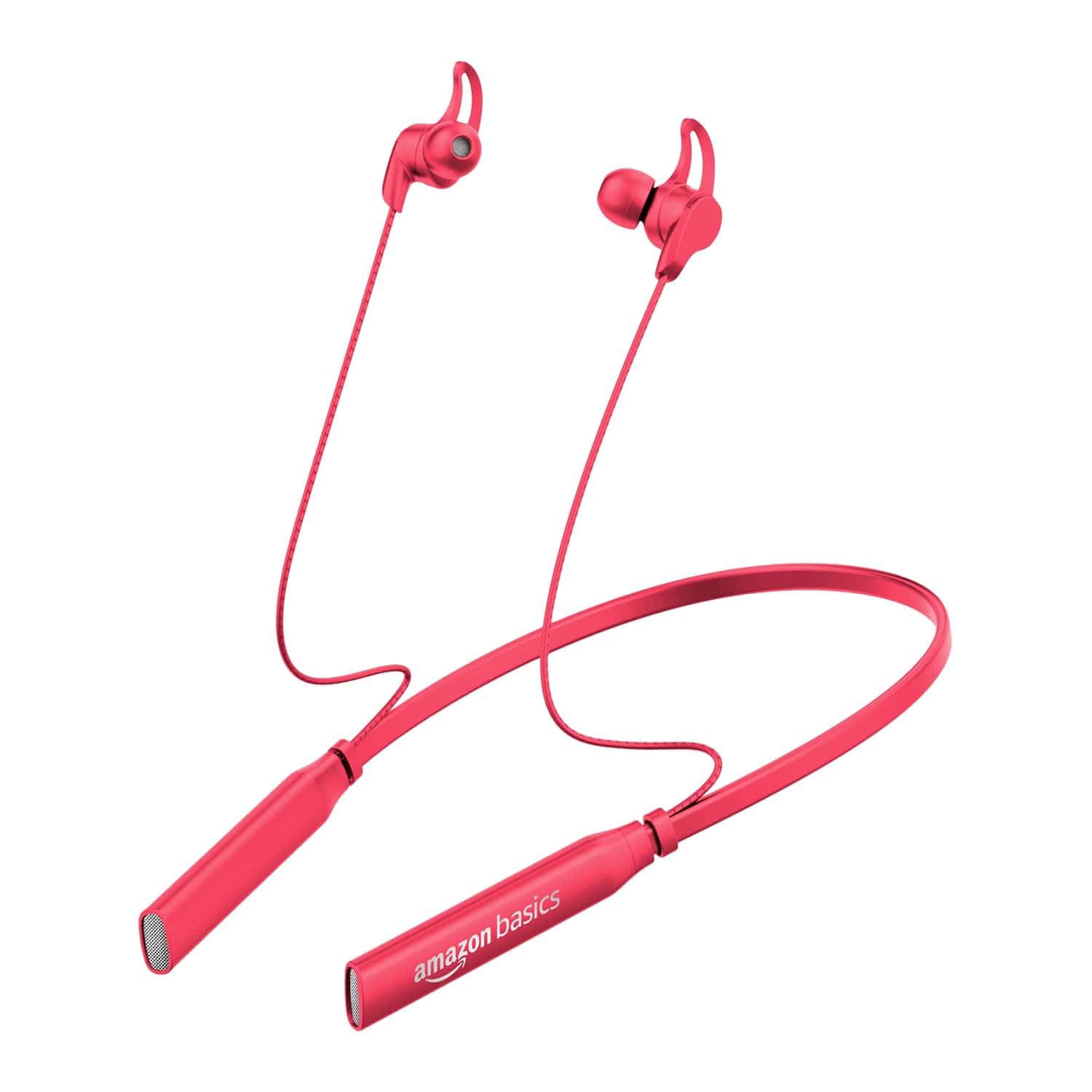 amazon basics in-Ear Bluetooth 5.0 Wireless Neckband with Mic, Up to 13 Hours Playback Time, Magnetic Earbuds, Noise Cancellation, Voice Assistant, Dual Pairing and IPX5 Rated (Red)