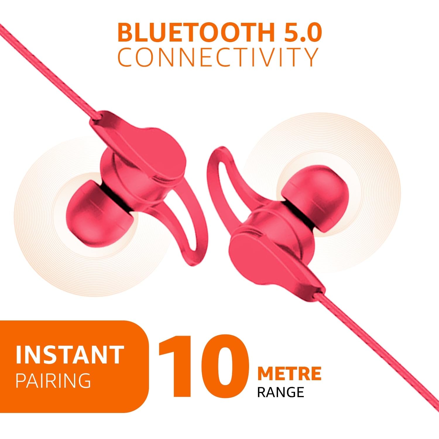 amazon basics in-Ear Bluetooth 5.0 Wireless Neckband with Mic, Up to 13 Hours Playback Time, Magnetic Earbuds, Noise Cancellation, Voice Assistant, Dual Pairing and IPX5 Rated (Red)
