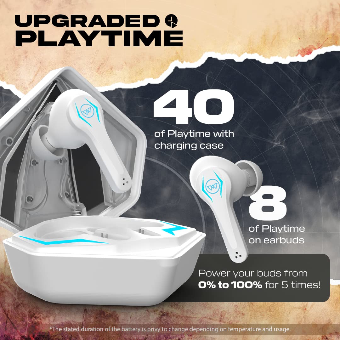 Wings Phantom Pro Wireless Earphones in Ear Earbuds with Led Battery Indicator,50Mslow Latency,Bluetooth 5.3,40 Hours Playtime,Mems Mic,Ipx4 Resist,12Mm Driver,500Mah Case,Headphones (White TWS)