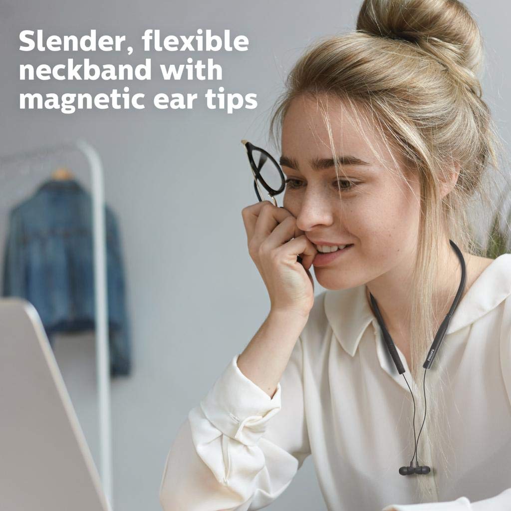 Philips Audio TAN2215 Bluetooth Wireless In Ear Earphones with 11 Hr Playtime, 9 mm Drivers, IPX4 Splash Proof, Magnetic Eartips, with Mic (Black)