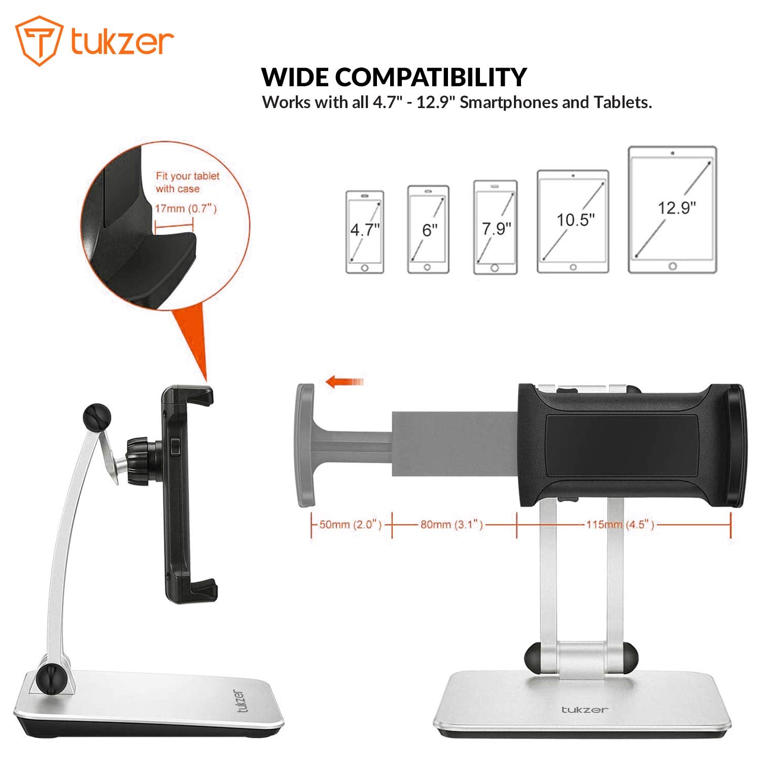 Tukzer Foldable Professional Tablet & Mobile Stand Holder with 360° Swivel & Height/Angle Adjustment| Sturdy & Heavy Metal Base, Solid Structure Cable Clips| for Up to 12 Inch Screen Devices (Grey)