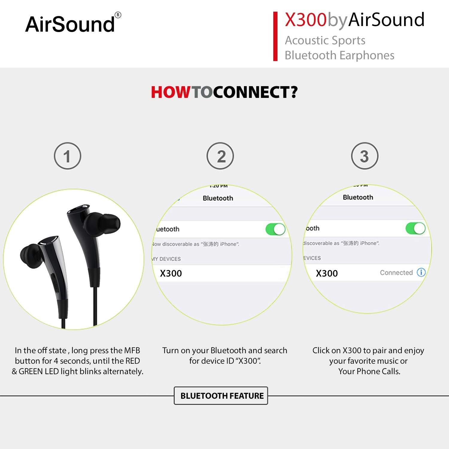 AirSound X300 Wireless Bluetooth in-Ear Headphones, Magnetic-Auto Pause/Auto-Play, HD Stereo & Mic