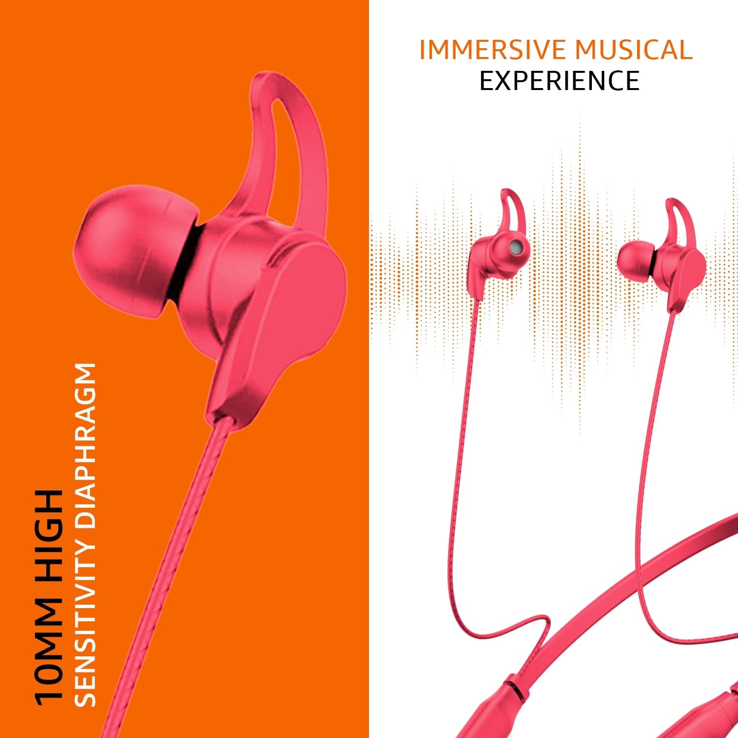 amazon basics in-Ear Bluetooth 5.0 Wireless Neckband with Mic, Up to 13 Hours Playback Time, Magnetic Earbuds, Noise Cancellation, Voice Assistant, Dual Pairing and IPX5 Rated (Red)