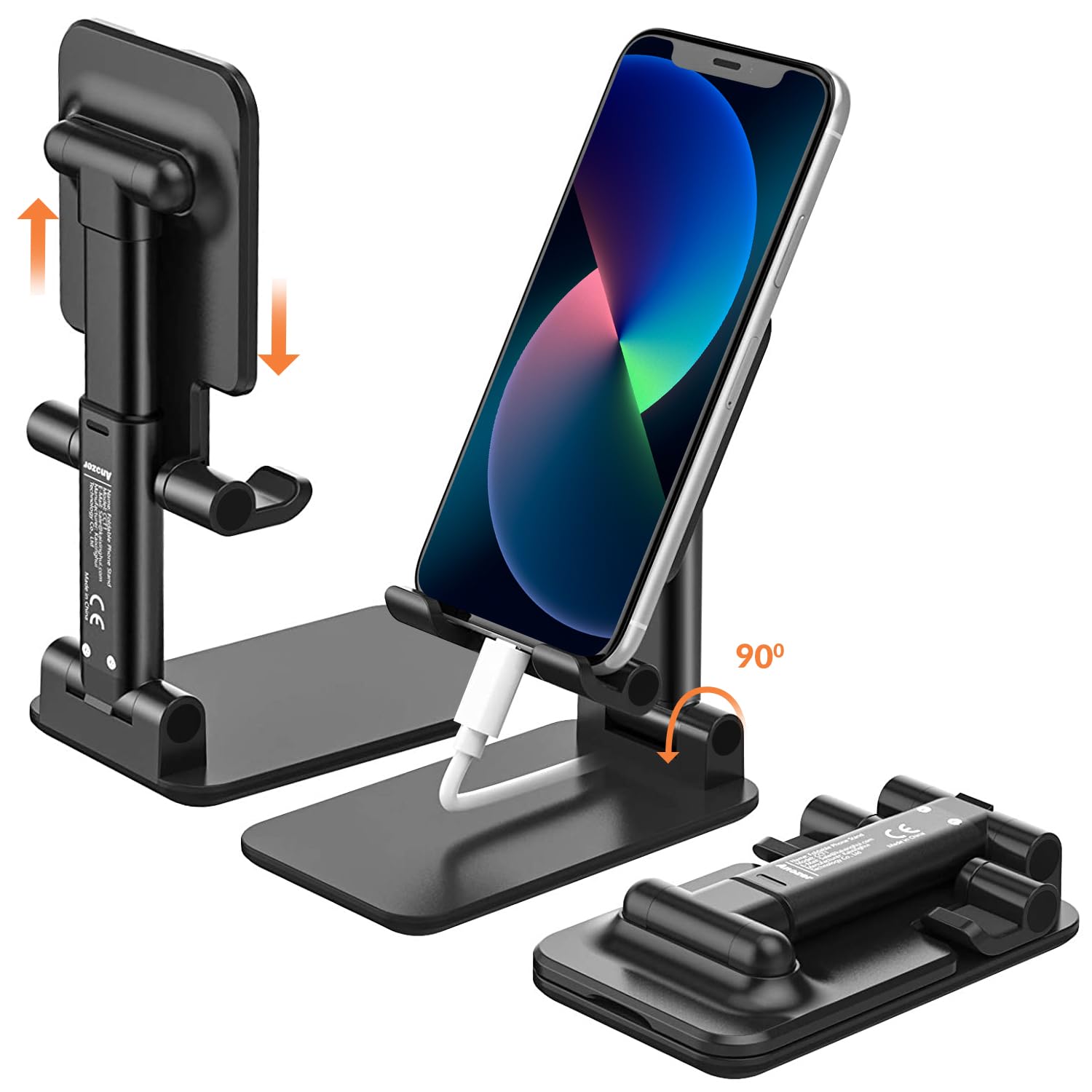 Tukzer Universal Tablet Tabletop Stand Mobile Holder| Dual Poles Heavy Base Aluminum, Foldable, Multi-Angle Height Adjustable Stand for iPad Tablets Smartphones E-Book Readers Up to 15.6 inc Jet Black