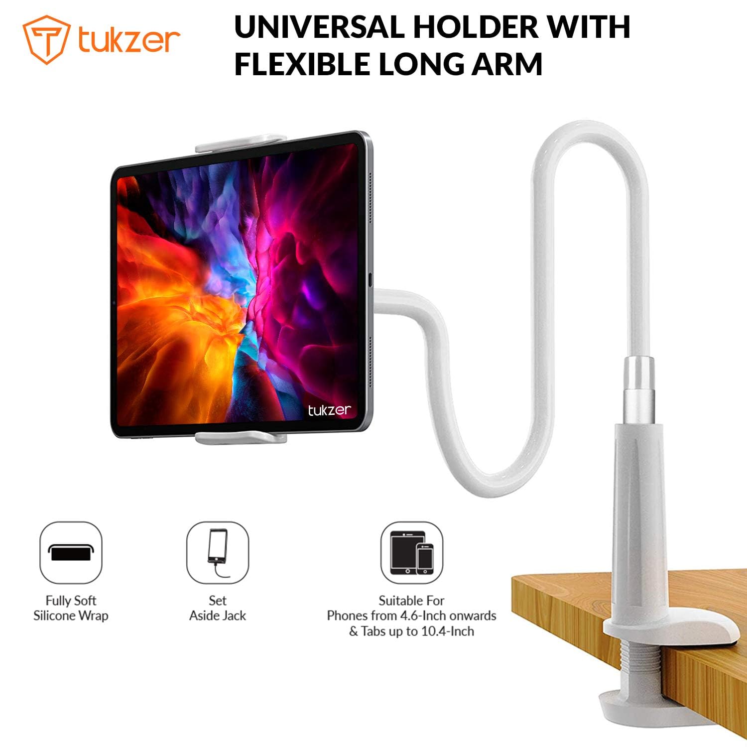 Tukzer Universal Tabletop Mobile & Tablet Holder with 360 Degree Flexible Rotation for Bed, Table, Kitchen, Bathroom Compatible with 4 inches to 10.5 Inches Tablet/Smartphones (Black)