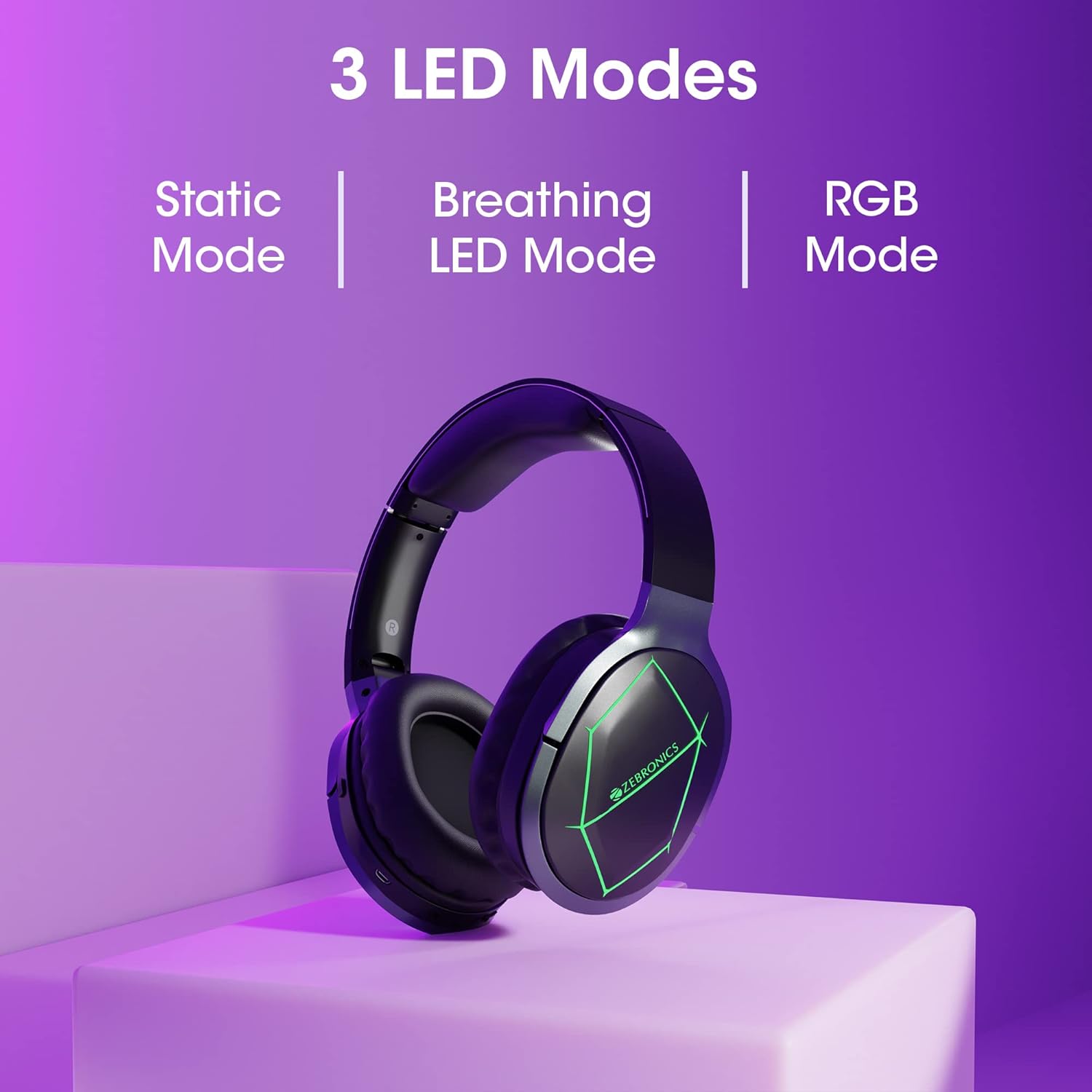 ZEBRONICS Zeb-Envy Bluetooth Wireless Over Ear Headphones with Mic with 33 hrs Playback time, Voice Assistant, with Detachable, Breathing RGB Lights and (Black)