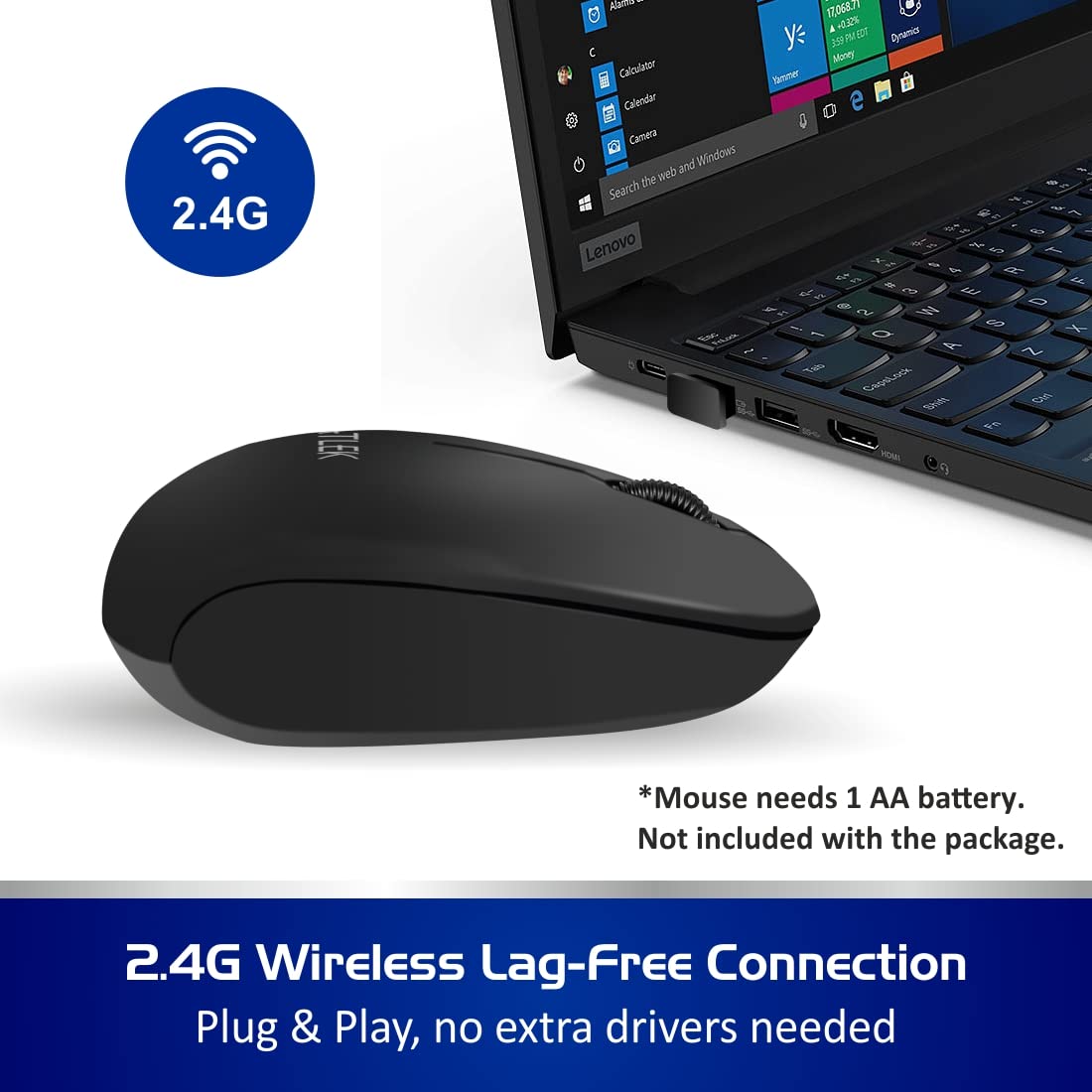 Matlek Wireless Mouse | 2.4 GHz Wireless Connection | USB Mini Receiver | 1200 DPI | Ambidextrous | PC/MAC/Laptop