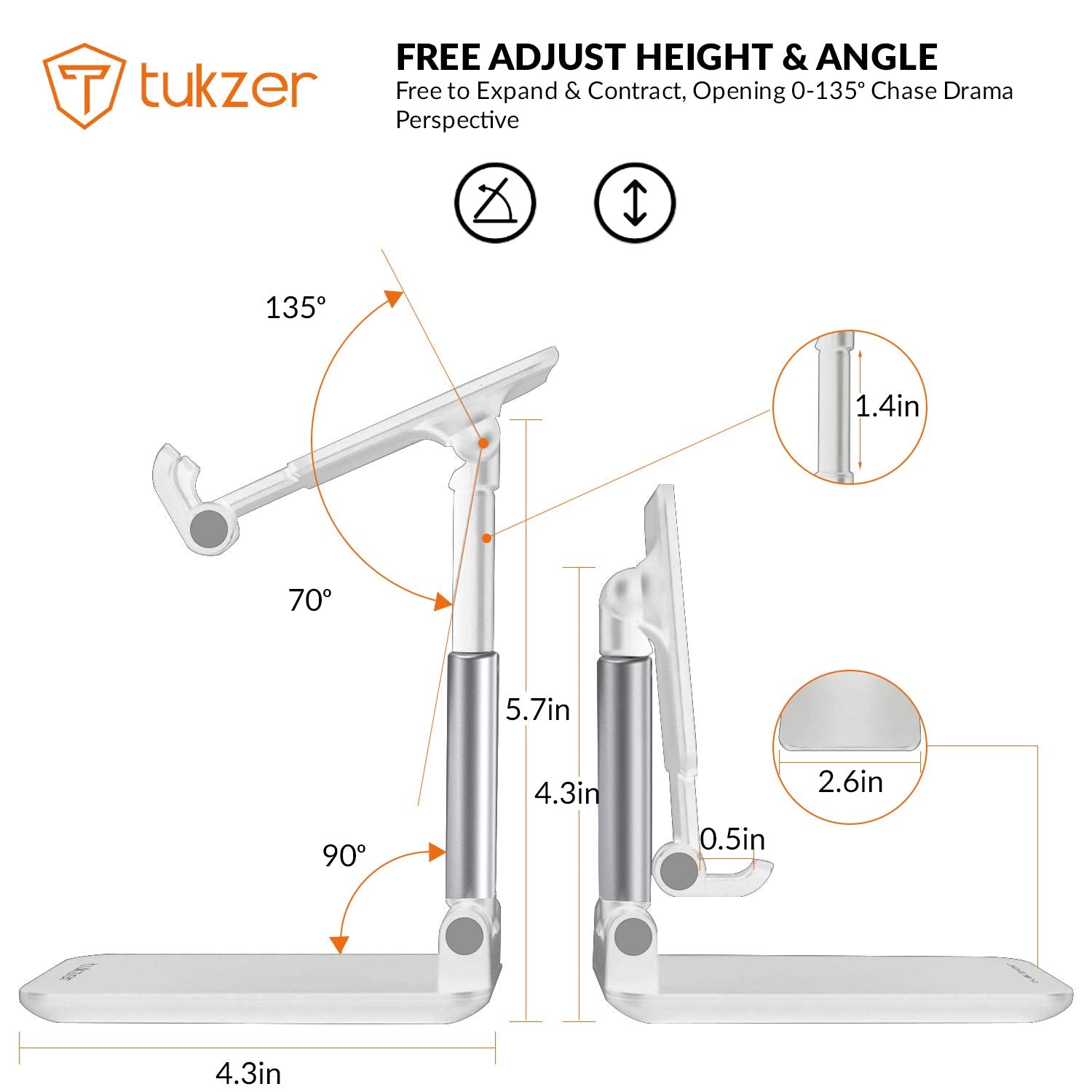 Tukzer Fully Foldable Tabletop Desktop Tablet Mobile Stand Holder - Angle & Height Adjustable for Desk, Cradle, Dock, Compatible with Smartphones & Tablets (White)