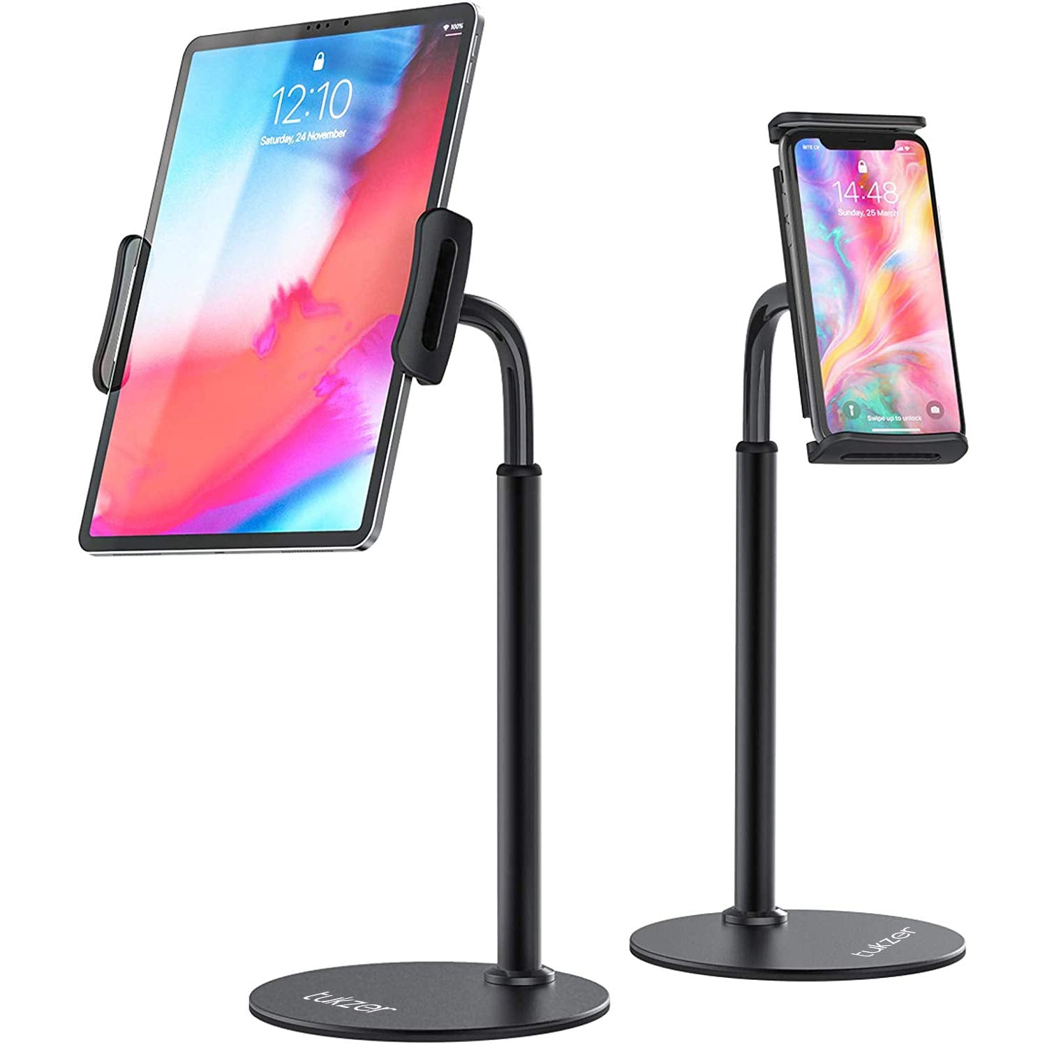 Tukzer Foldable Professional Tablet & Mobile Stand Holder with 360° Swivel & Height/Angle Adjustment| Sturdy & Heavy Metal Base, Solid Structure Cable Clips| for Up to 12 Inch Screen Devices (Grey)