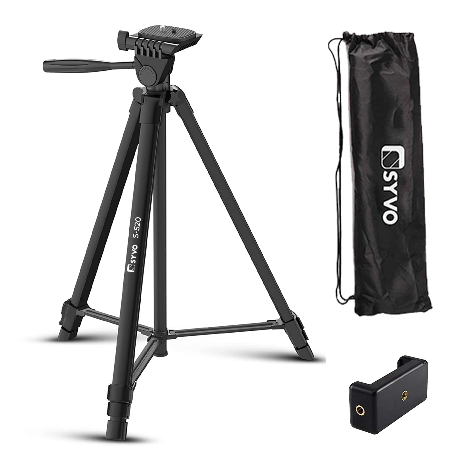 Syvo S-510 PRO 55-Inch (140CM) Aluminium Tripod, Universal Lightweight Tripod with Carry Bag for All Smart Phones, Gopro, Cameras (Black)