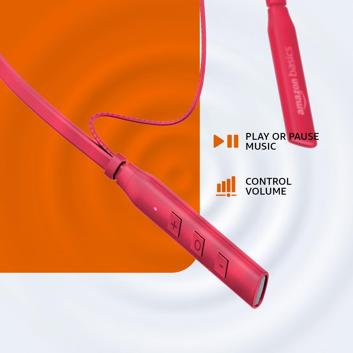 amazon basics in-Ear Bluetooth 5.0 Wireless Neckband with Mic, Up to 13 Hours Playback Time, Magnetic Earbuds, Noise Cancellation, Voice Assistant, Dual Pairing and IPX5 Rated (Red)