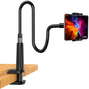 Tizum Mobile & Tablet Holder with 360 Rotation, Mobile Stand with Anti-Slip Silicone Pads & Fully Flexible Gooseneck Arm & for Bed, Table, Bathroom for All Tablet/Smartphones 4 to 10.4 Inches, Black