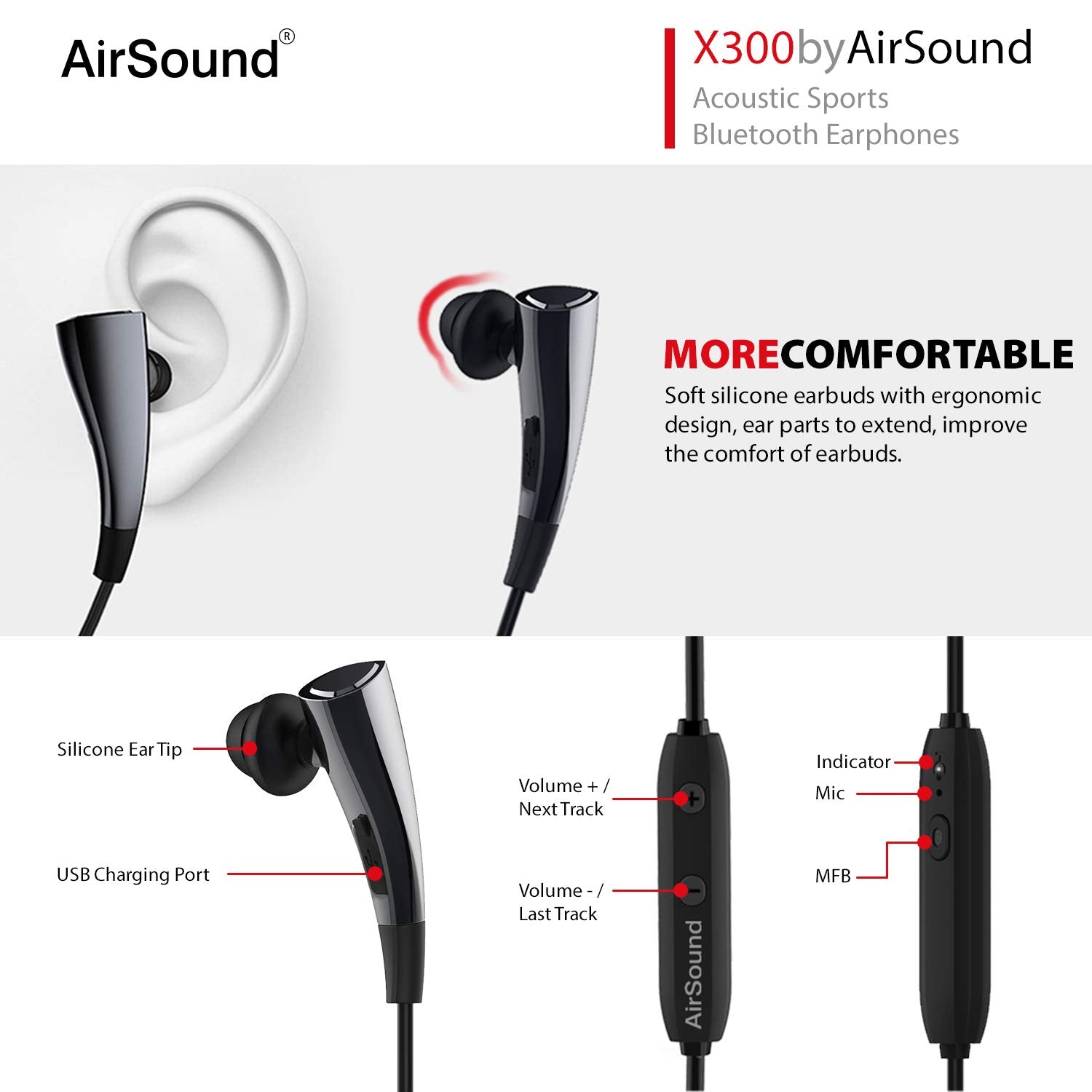 AirSound X300 Wireless Bluetooth in-Ear Headphones, Magnetic-Auto Pause/Auto-Play, HD Stereo & Mic