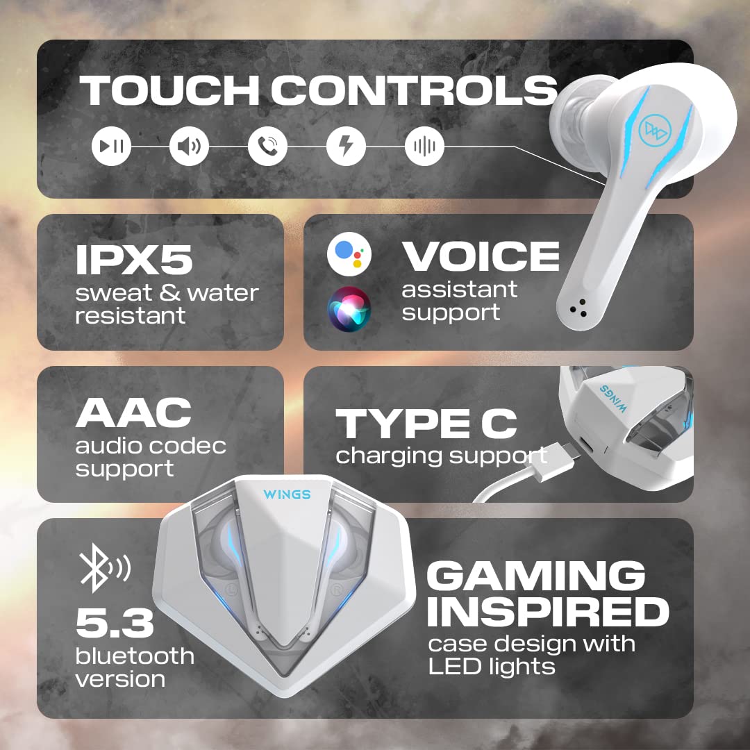 Wings Phantom Pro Wireless Earphones in Ear Earbuds with Led Battery Indicator,50Mslow Latency,Bluetooth 5.3,40 Hours Playtime,Mems Mic,Ipx4 Resist,12Mm Driver,500Mah Case,Headphones (White TWS)