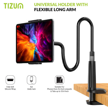 Tizum Mobile & Tablet Holder with 360 Rotation, Mobile Stand with Anti-Slip Silicone Pads & Fully Flexible Gooseneck Arm & for Bed, Table, Bathroom for All Tablet/Smartphones 4 to 10.4 Inches, Black
