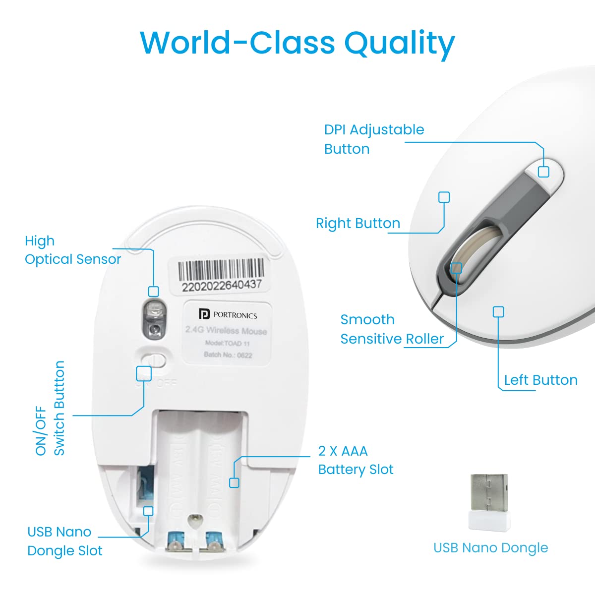 Portronics Toad 11 Wireless Mouse, 2.4 GHz Connectivity with USB Nano Dongle, Adjustable DPI Up to 1600, Ambidextrous for Laptop, MacBook, PC (Grey)