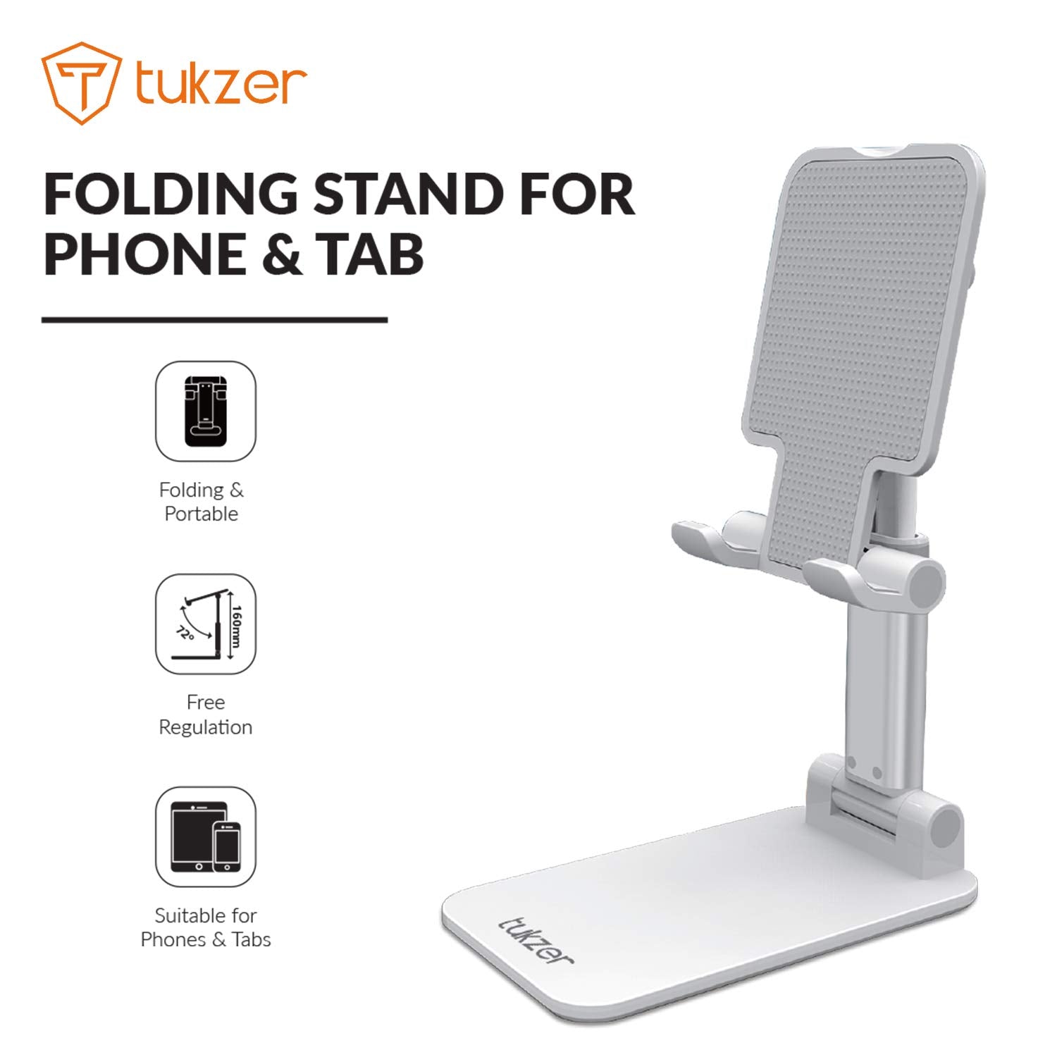 Tukzer Fully Foldable Tabletop Desktop Tablet Mobile Stand Holder - Angle & Height Adjustable for Desk, Cradle, Dock, Compatible with Smartphones & Tablets (White)