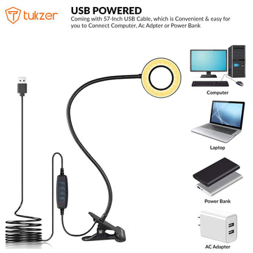 Tukzer 3.5" LED Selfie Ring Light |Flexible Arm Desk Mount Clamp for Live Stream, Makeup, Online Meetings, Recording, Photography, USB Reading Light | 3 Color 10 Brightness Level