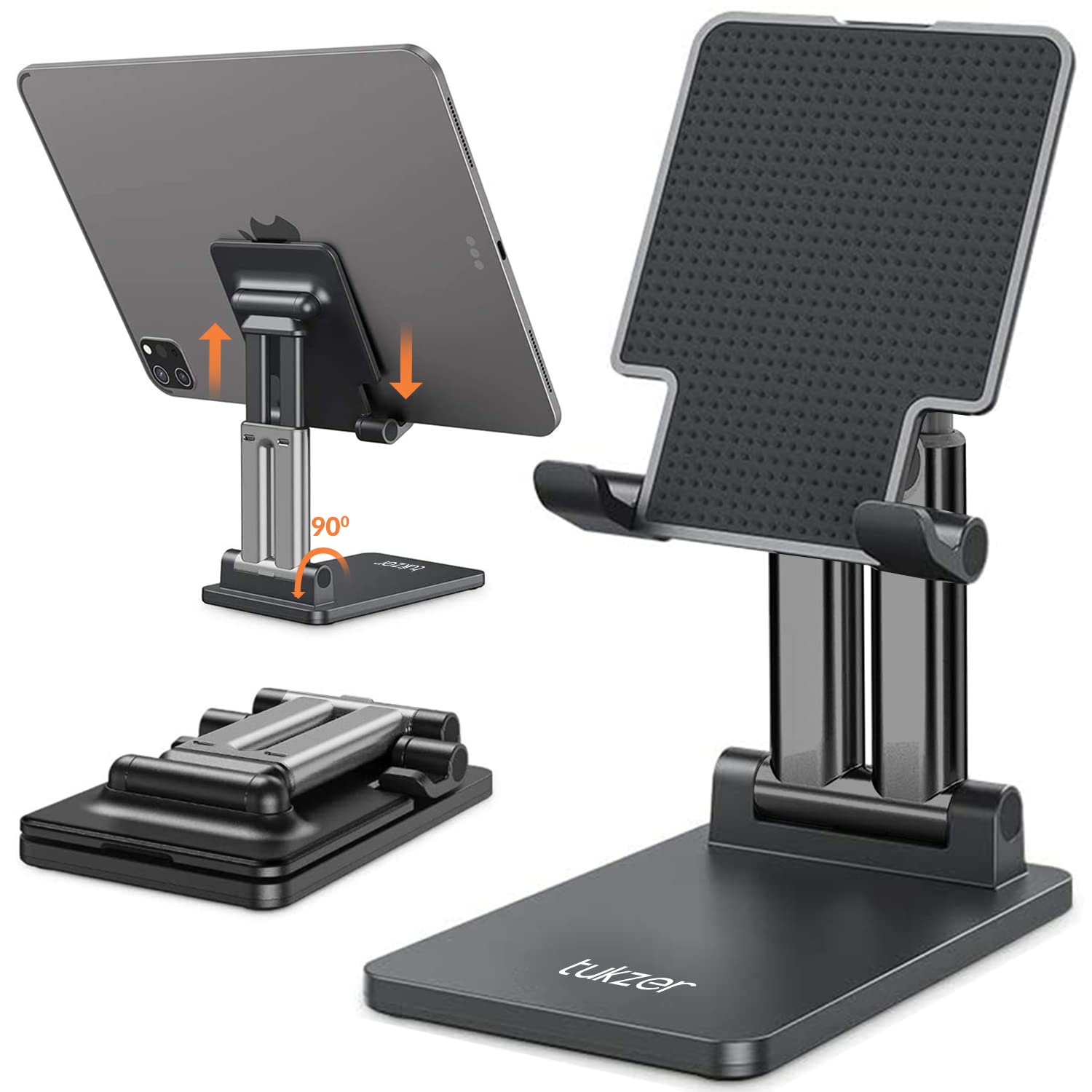 Tukzer Fully Foldable Tabletop Desktop Tablet Mobile Stand Holder - Angle & Height Adjustable for Desk, Cradle, Dock, Compatible with Smartphones & Tablets (White)