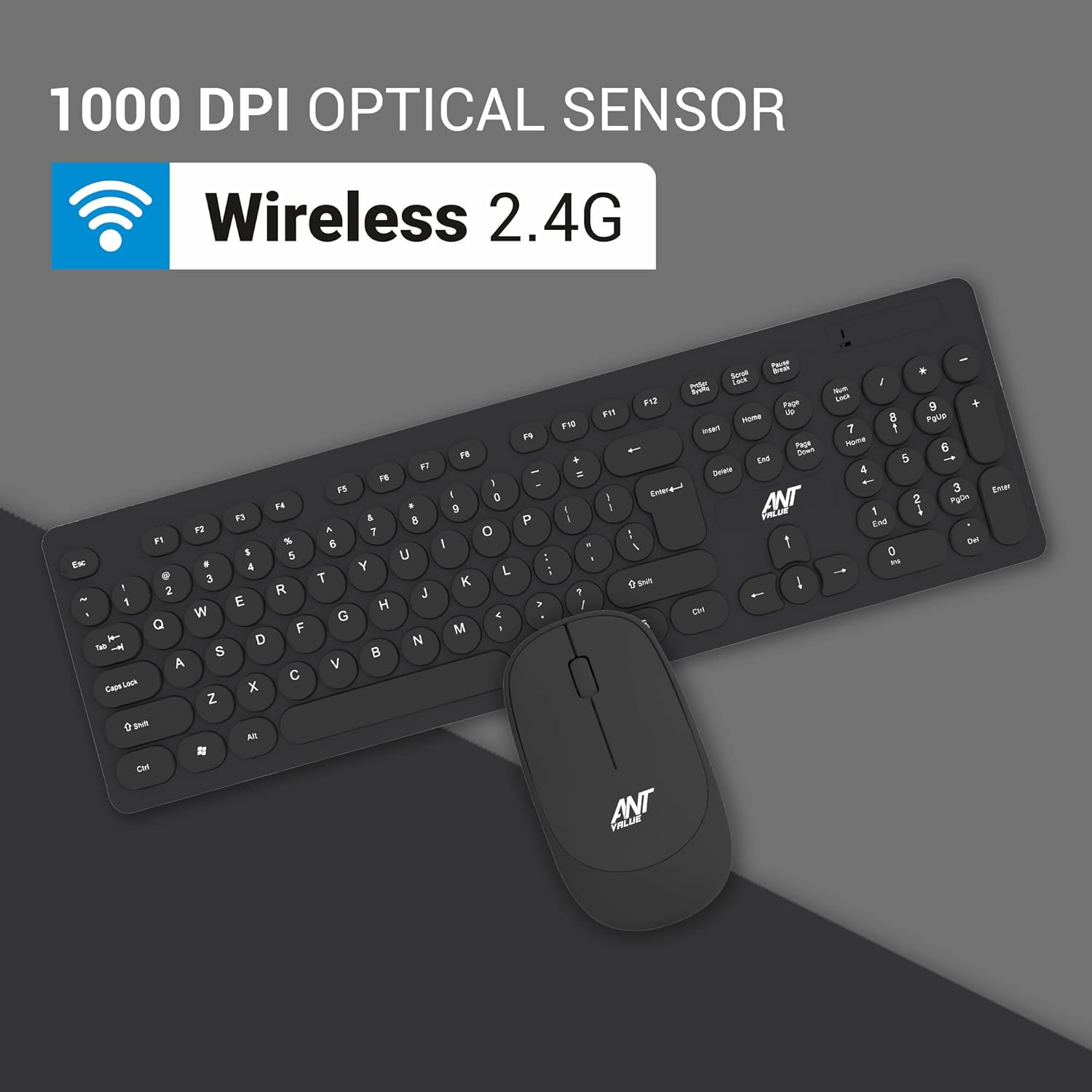 Ant Value FKBRI05 Wireless Keyboard Mouse Combo - 2.4Ghz Aesthetic Quiet Keyboard and Mouse Wireless - 110 Keys Full Size Ultra-Thin Keyboard for Laptop, Computer, PC, Notebook, Windows, Mac OS -Black