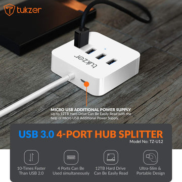 Tukzer 4-Port USB Hub 3.0 (TZ-U12) Superspeed Data Hub High Speed Compatible for MacBook Air, Mac Mini, iMac Pro, Microsoft Surface, Ultrabooks, Laptop, Notebook, Desktop (1.5M Cable, White)