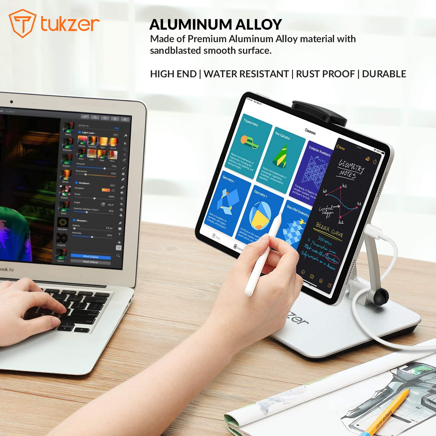 Tukzer Foldable Professional Tablet & Mobile Stand Holder with 360° Swivel & Height/Angle Adjustment| Sturdy & Heavy Metal Base, Solid Structure Cable Clips| for Up to 12 Inch Screen Devices (Grey)