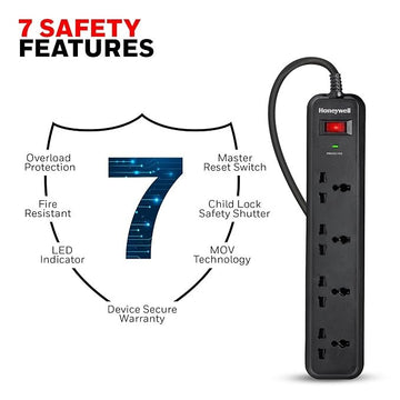 Honeywell Surge Protector, 4 Universal Sockets,15000Amp, 2 Meter Cord, Device Secure, Automatic Overload Protection, Spike Guard/Extension Board, Master Switch ( Black )