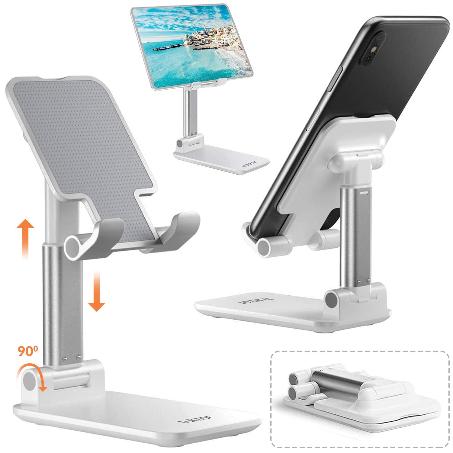 Tukzer Fully Foldable Tabletop Desktop Tablet Mobile Stand Holder - Angle & Height Adjustable for Desk, Cradle, Dock, Compatible with Smartphones & Tablets (White)