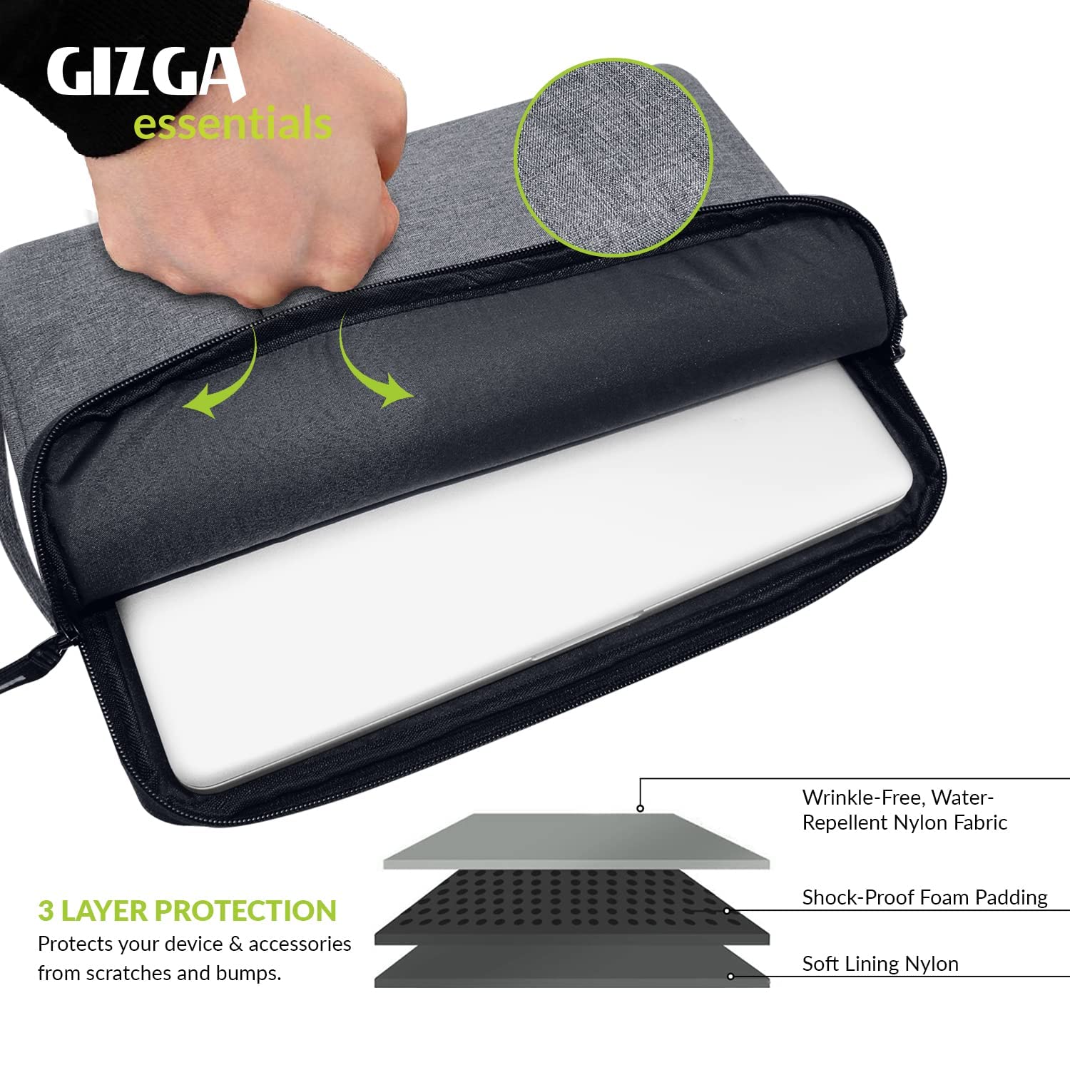 Gizga Essentials 13.3 Inch Laptop Sleeve Case Cover Bag with Extra Pouch, Front Pocket & Handle| Slim & Water-Resistant Nylon Fabric with Shockproof Foam Padding, Soft Lining & Premium Zipper (Grey)