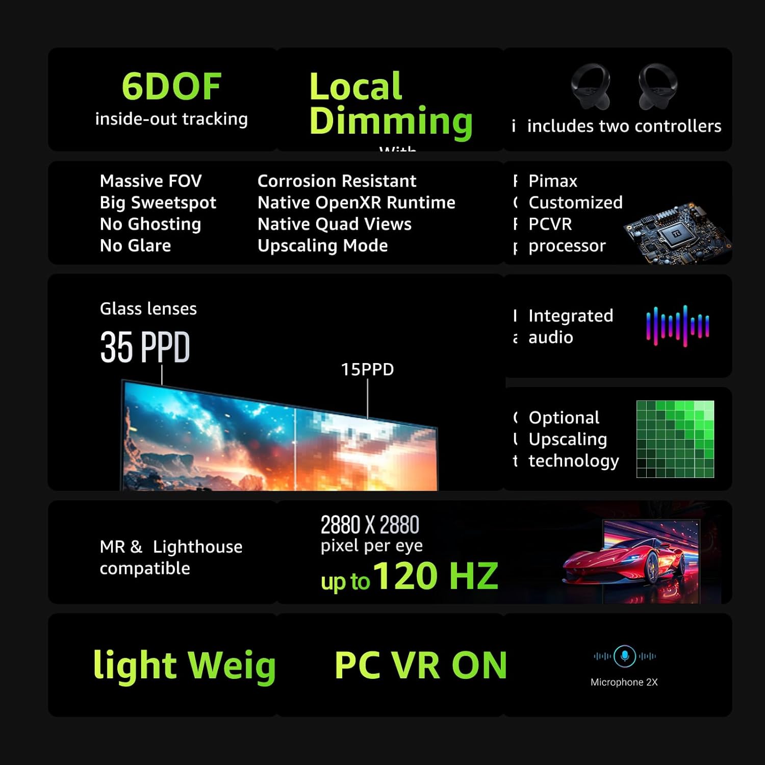 Pimax Crystal Light Prime PCVR Headset - 8K Resolution,QLED Display, Light & Comfortable,High Clarity VR for flight simulator, Compatible with MSFS, iRacing & More, DMAS & Lighthouse Tracking optional