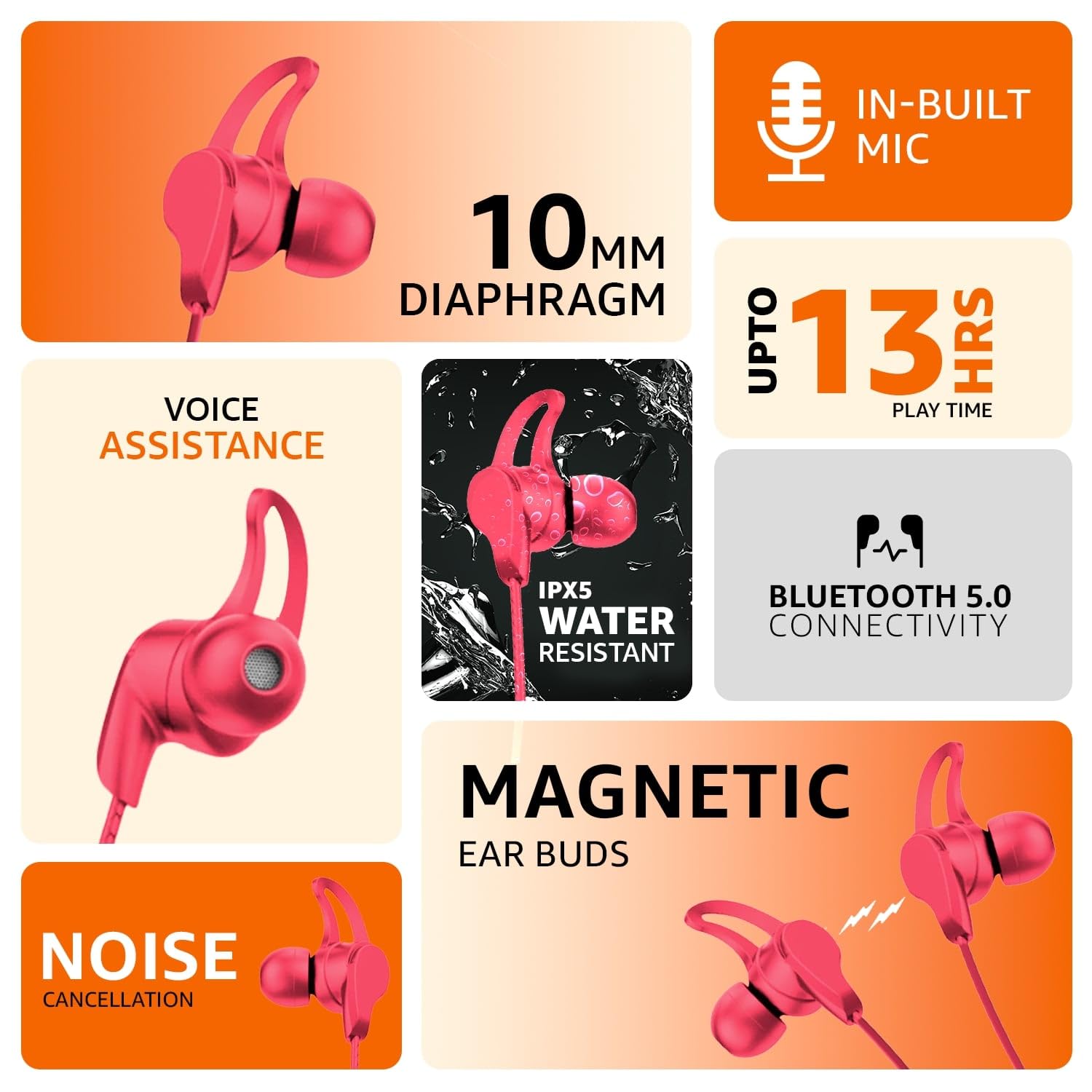 amazon basics in-Ear Bluetooth 5.0 Wireless Neckband with Mic, Up to 13 Hours Playback Time, Magnetic Earbuds, Noise Cancellation, Voice Assistant, Dual Pairing and IPX5 Rated (Red)