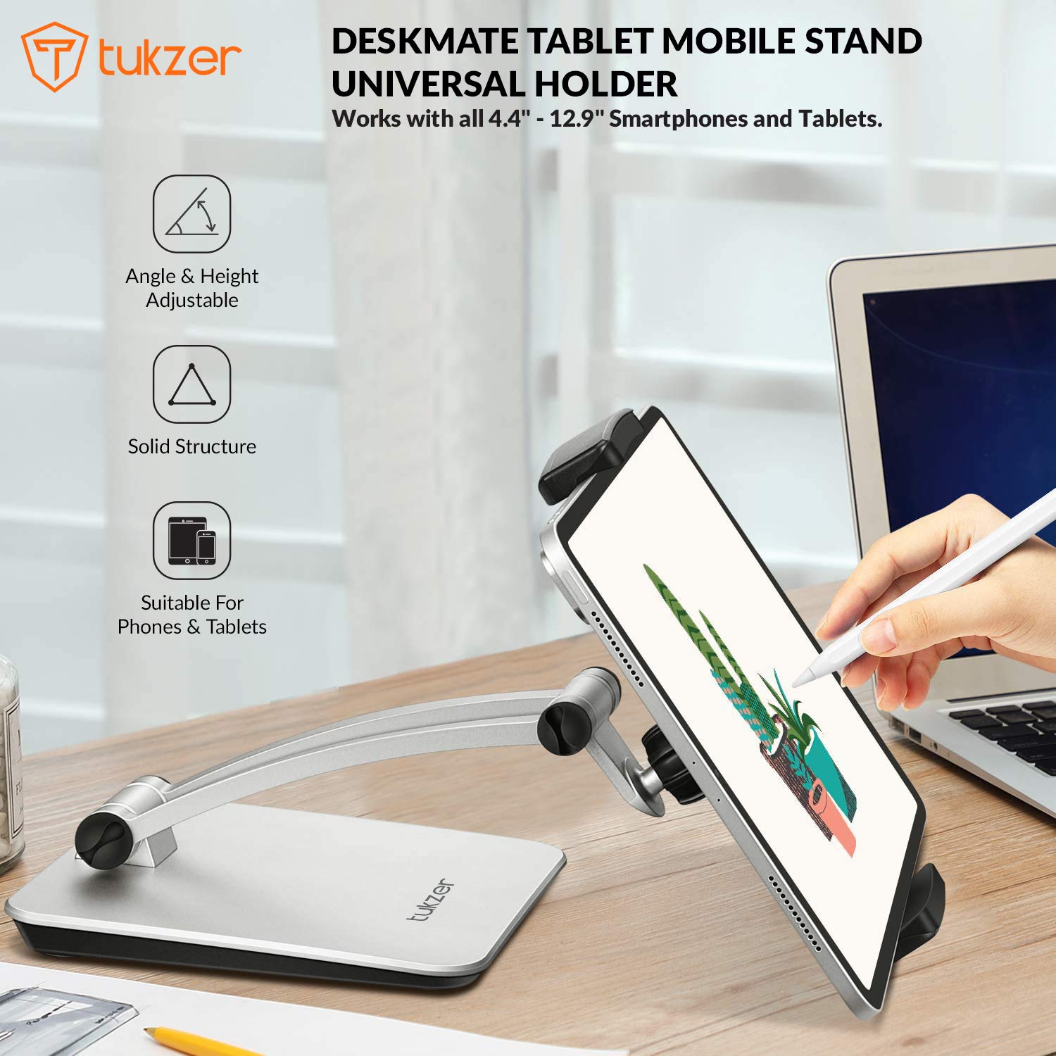 Tukzer Foldable Professional Tablet & Mobile Stand Holder with 360° Swivel & Height/Angle Adjustment| Sturdy & Heavy Metal Base, Solid Structure Cable Clips| for Up to 12 Inch Screen Devices (Grey)