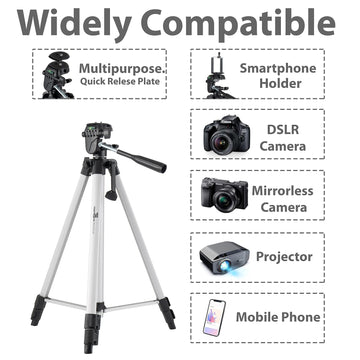 Powerpak Photo-X5 4.5ft/53'' Flat Tripod for Smartphones & Cameras |Max Operating Height - 4.5ft|with Smartphone Clamp & 3-Way Panhead | for Digital DSLR, Video Camera, Camcorder|Payload 1.5kg, Black