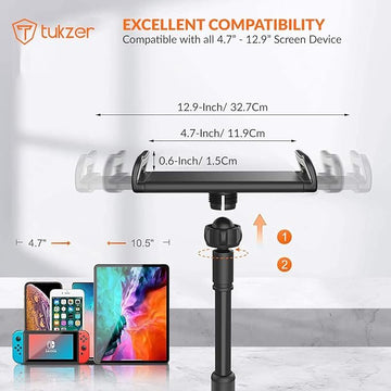Tukzer Professional Desktop Tablet Stand Mobile Holder with Flexible Arm, 360° Swivel & Height Adjustament| Anti-Skid Sturdy & Heavy Metal Base for 4.7 to 11-Inch Tablet, iPad & Smartphone (Black)