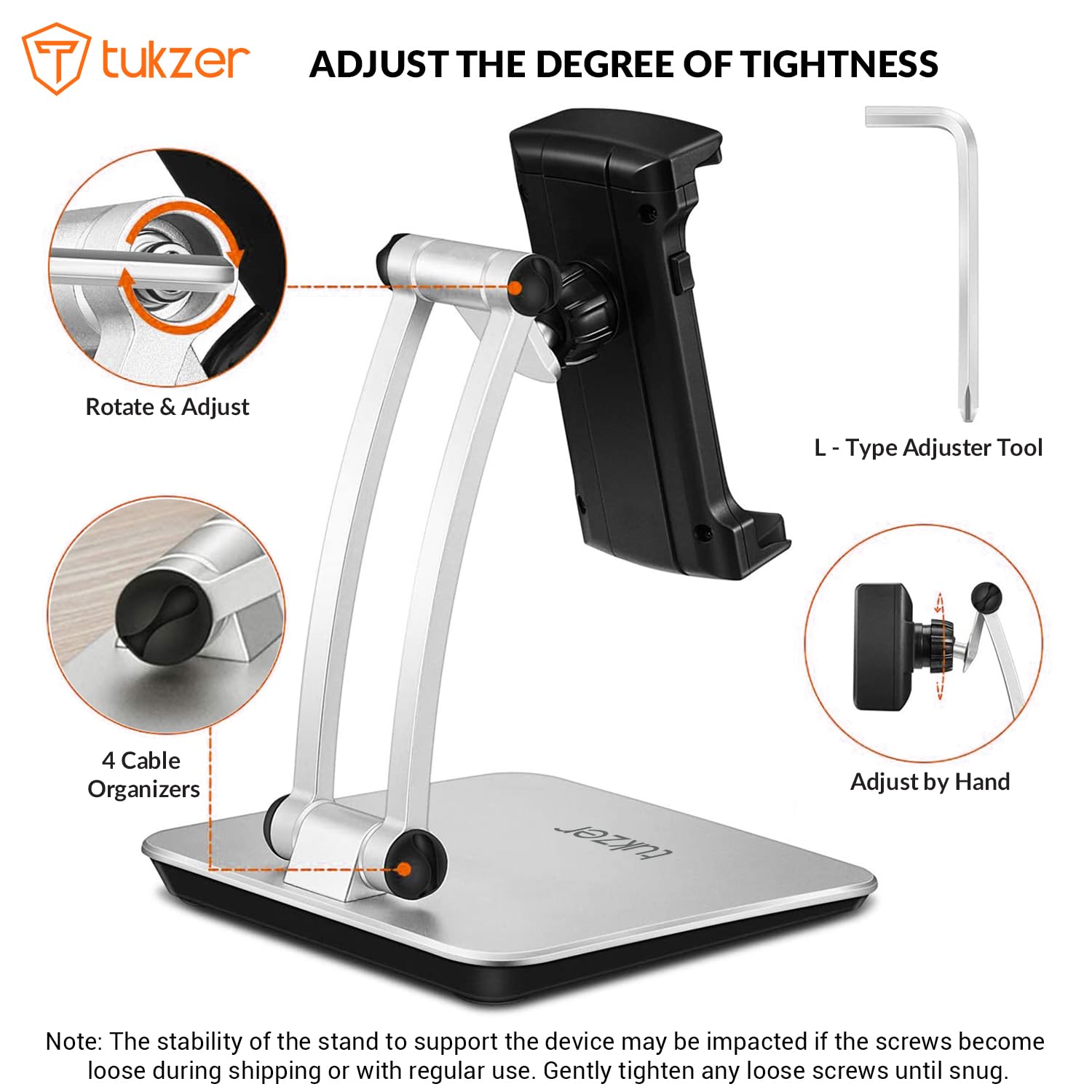 Tukzer Foldable Professional Tablet & Mobile Stand Holder with 360° Swivel & Height/Angle Adjustment| Sturdy & Heavy Metal Base, Solid Structure Cable Clips| for Up to 12 Inch Screen Devices (Grey)