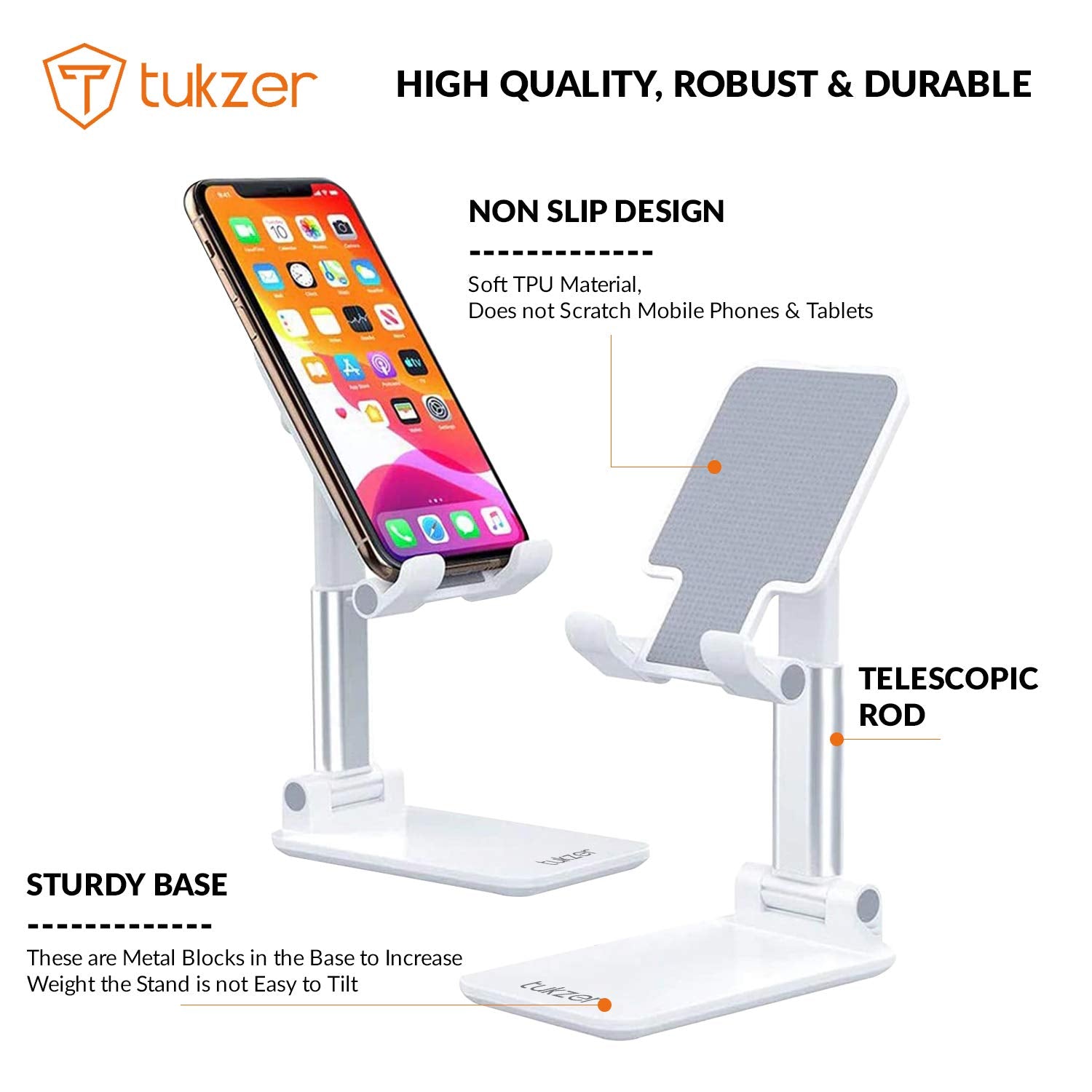 Tukzer Fully Foldable Tabletop Desktop Tablet Mobile Stand Holder - Angle & Height Adjustable for Desk, Cradle, Dock, Compatible with Smartphones & Tablets (White)