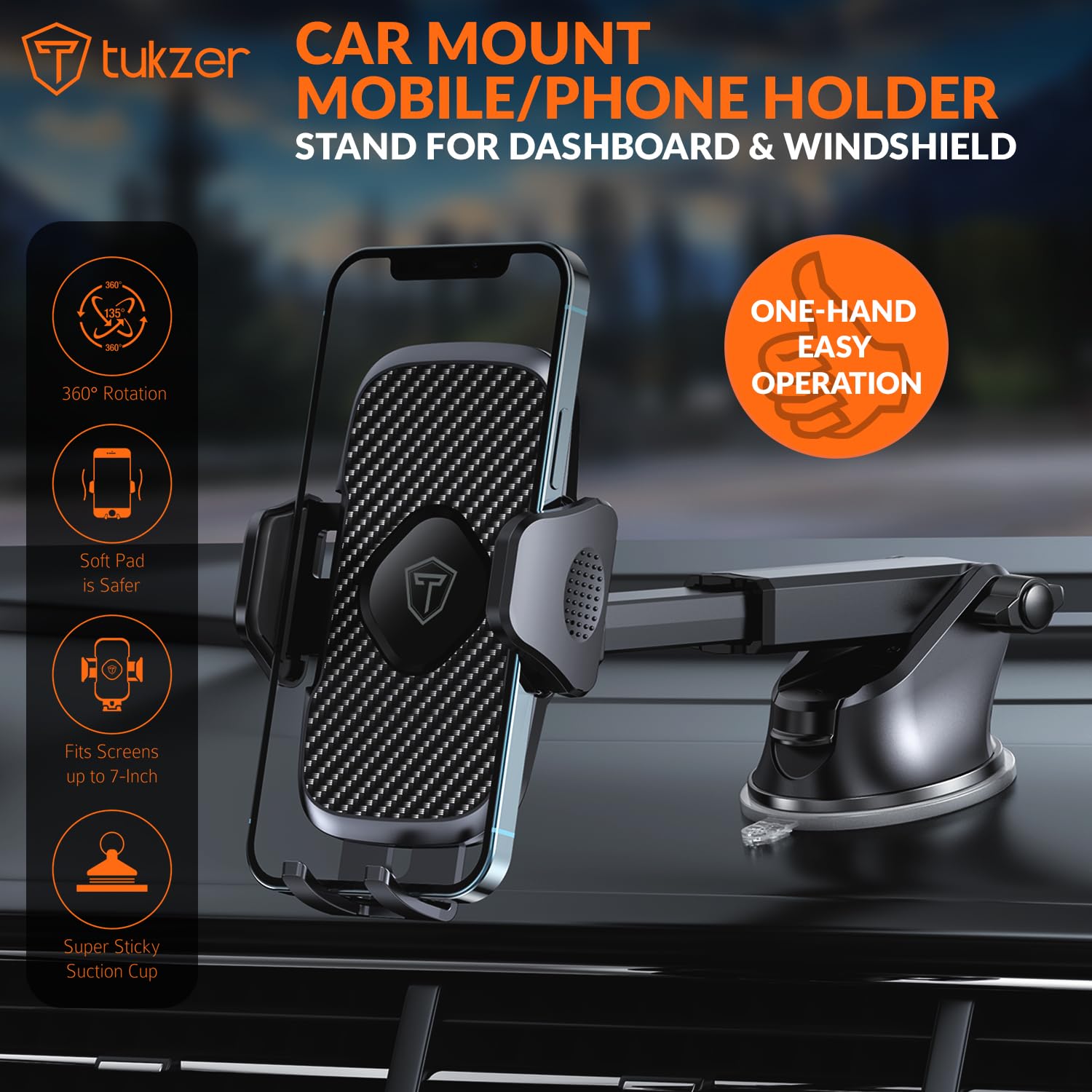 Tukzer Universal Car Mount Mobile Holder Stand| Strong Suction Cup, Double Shift Locking for Dashboard Windshield| Quick Touch Release, Long Telescopic Arm, 360° Rotatable Head| for All Mobile Phones,Black