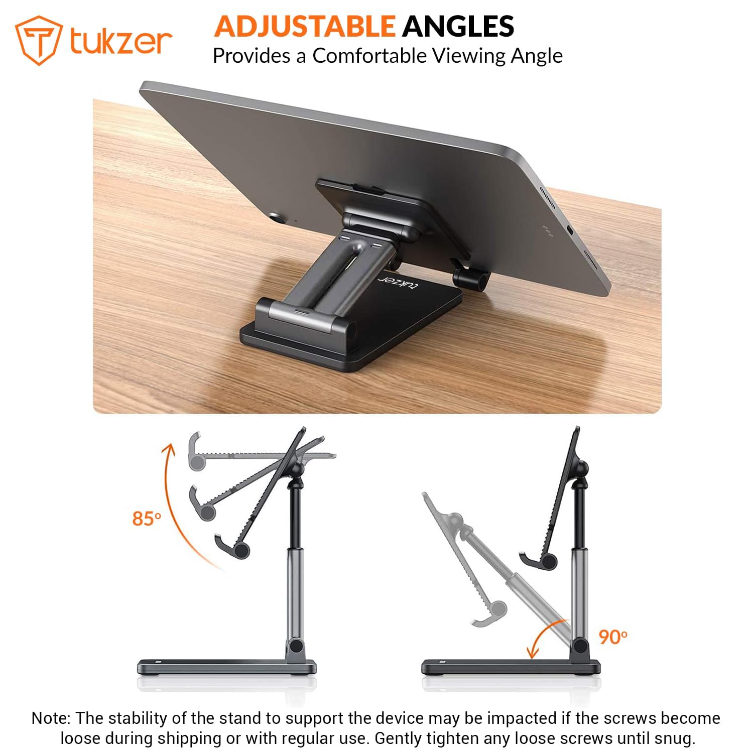 Tukzer Universal Tablet Tabletop Stand Mobile Holder| Dual Poles Heavy Base Aluminum, Foldable, Multi-Angle Height Adjustable Stand for iPad Tablets Smartphones E-Book Readers Up to 15.6 inc Jet Black