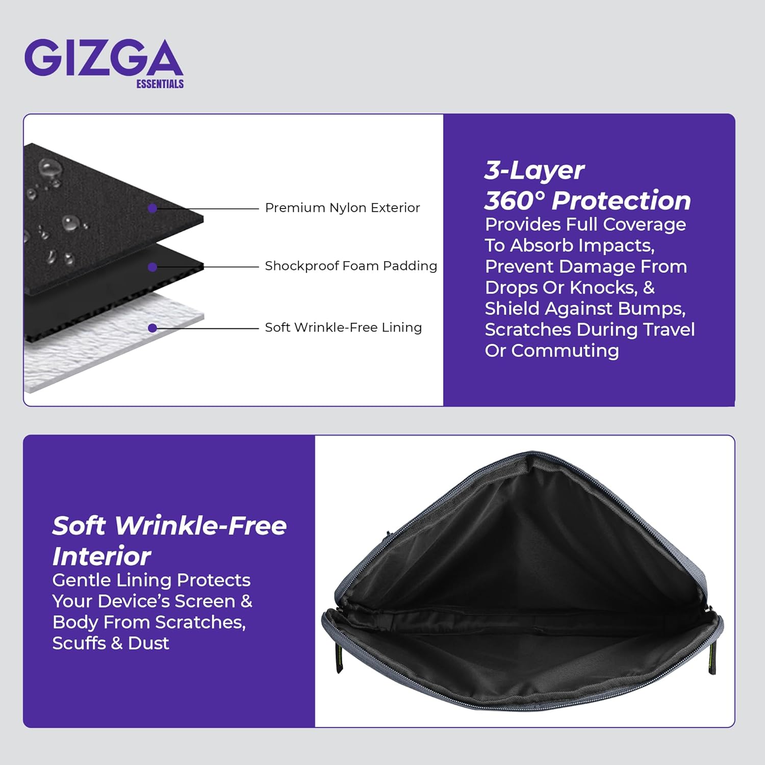 Gizga Essentials 15.6 Inch Laptop Sleeve Case Cover Pouch Bag with Handle & Front Pocket| Slim & Water-Resistant Nylon Fabric with Shockproof Foam Padding, Soft Lining & Premium Zipper Closure (Grey)