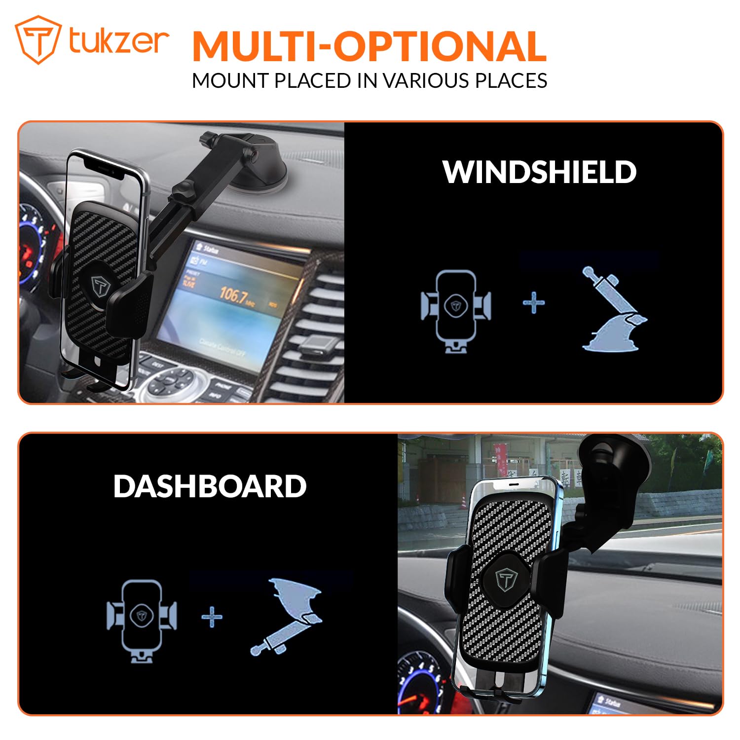 Tukzer Universal Car Mount Mobile Holder Stand| Strong Suction Cup, Double Shift Locking for Dashboard Windshield| Quick Touch Release, Long Telescopic Arm, 360° Rotatable Head| for All Mobile Phones,Black