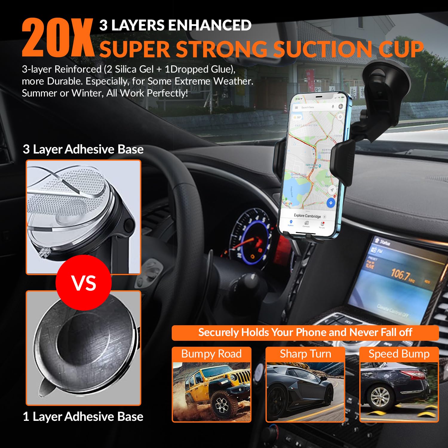 Tukzer Universal Car Mount Mobile Holder Stand| Strong Suction Cup, Double Shift Locking for Dashboard Windshield| Quick Touch Release, Long Telescopic Arm, 360° Rotatable Head| for All Mobile Phones,Black