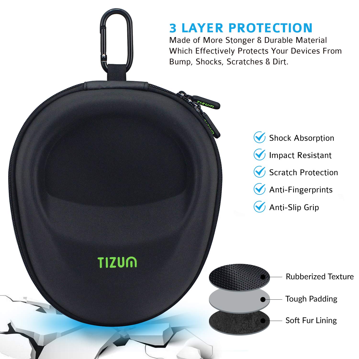 Tizum EVA Material Hard Shell EVA Headphone Carrying Case for Universal Oversized Over-Ear Headset, Shockproof, Water Repellent, Anti-Pressure Portable Protective Pouch, Black