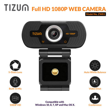 Tizum ZW81- Full HD 1080p Digital Webcam, Widescreen Viewing Angle, Auto Light Correction, Noise-Reducing Mic, for Skype, FaceTime, Hangouts, Xbox, PC/Mac/Laptop/MacBook/Tablet, Black