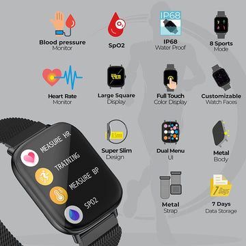 Zebronics Zeb-FIT5220CH Smart Fitness Watch, 2.5D Curved Glass 4.4cm Large Square Display, Metal Body, Dual Menu UI, 7-Day Data Storage, 8 Sports Mode, SpO2(black metal)