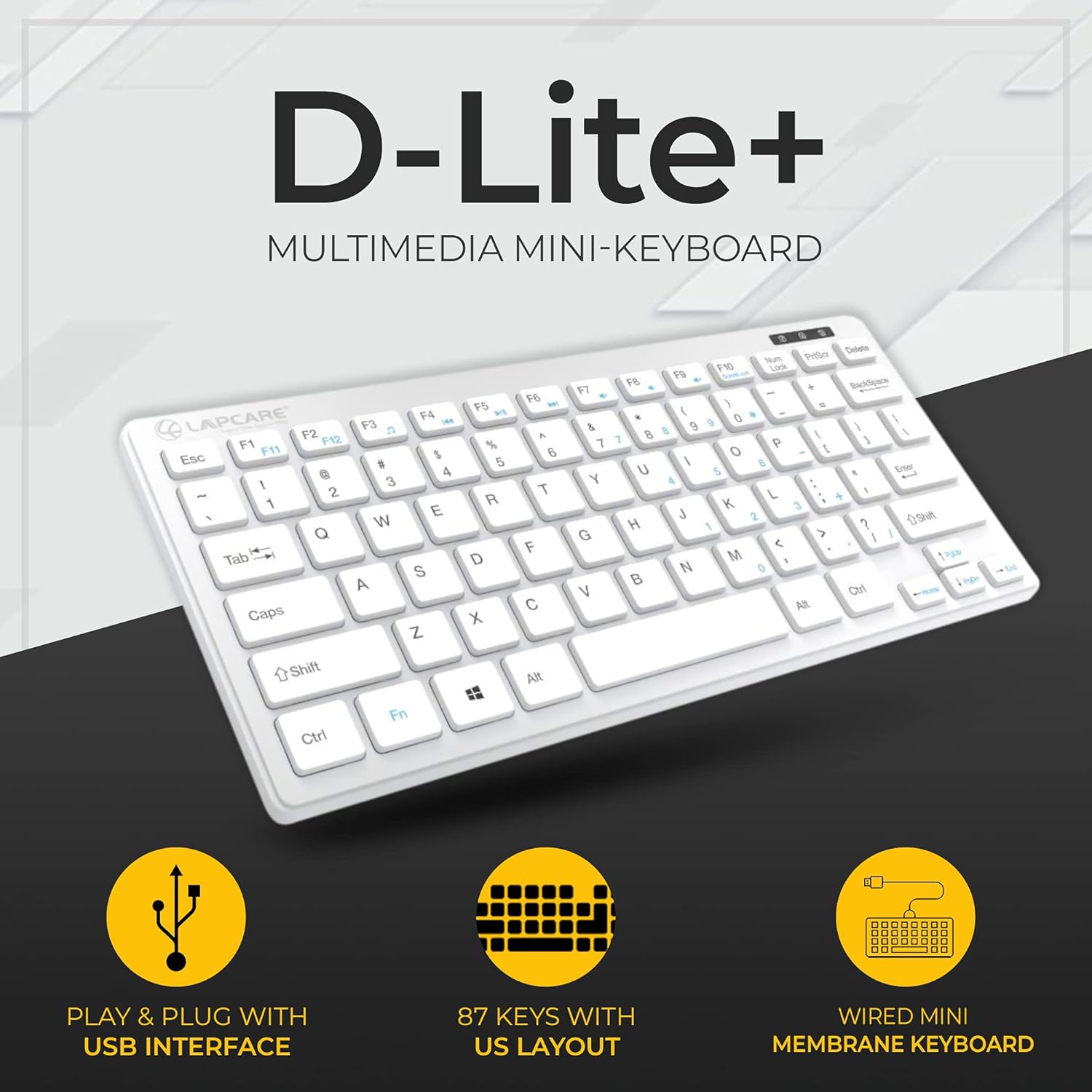 Lapcare D-Lite Silver Mini Wired Keyboard – 87 Key Compact USB Keyboard with Multimedia Fn Keys, Quiet Chocolate Keycaps, UV Coating, 8 Million Keystroke Life - Plug & Play for PC/Laptop (Silver)