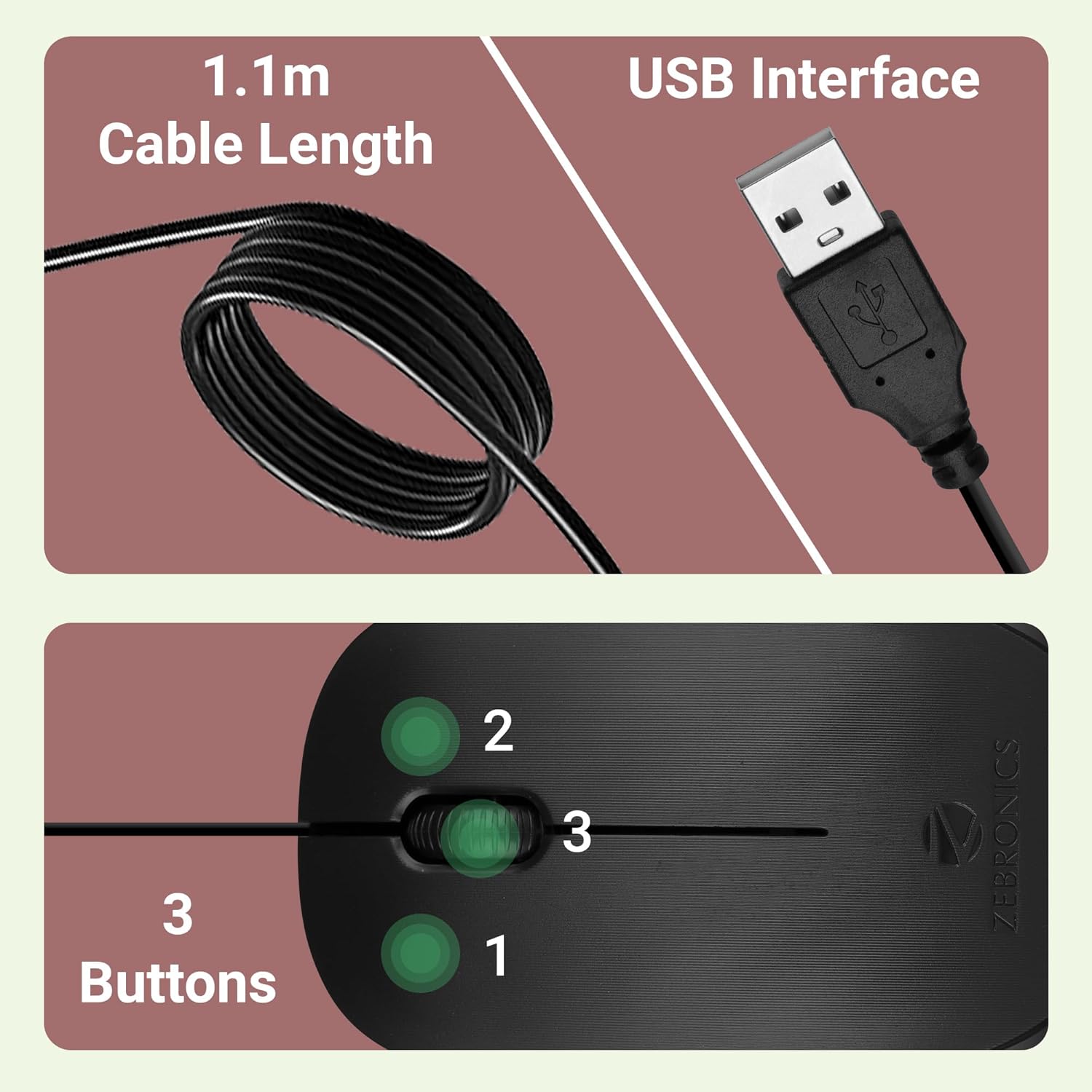 Zebronics Zeb-Power Wired USB Mouse, 3-Button, 1200 DPI Optical Sensor, Plug & Play, for Windows/Mac