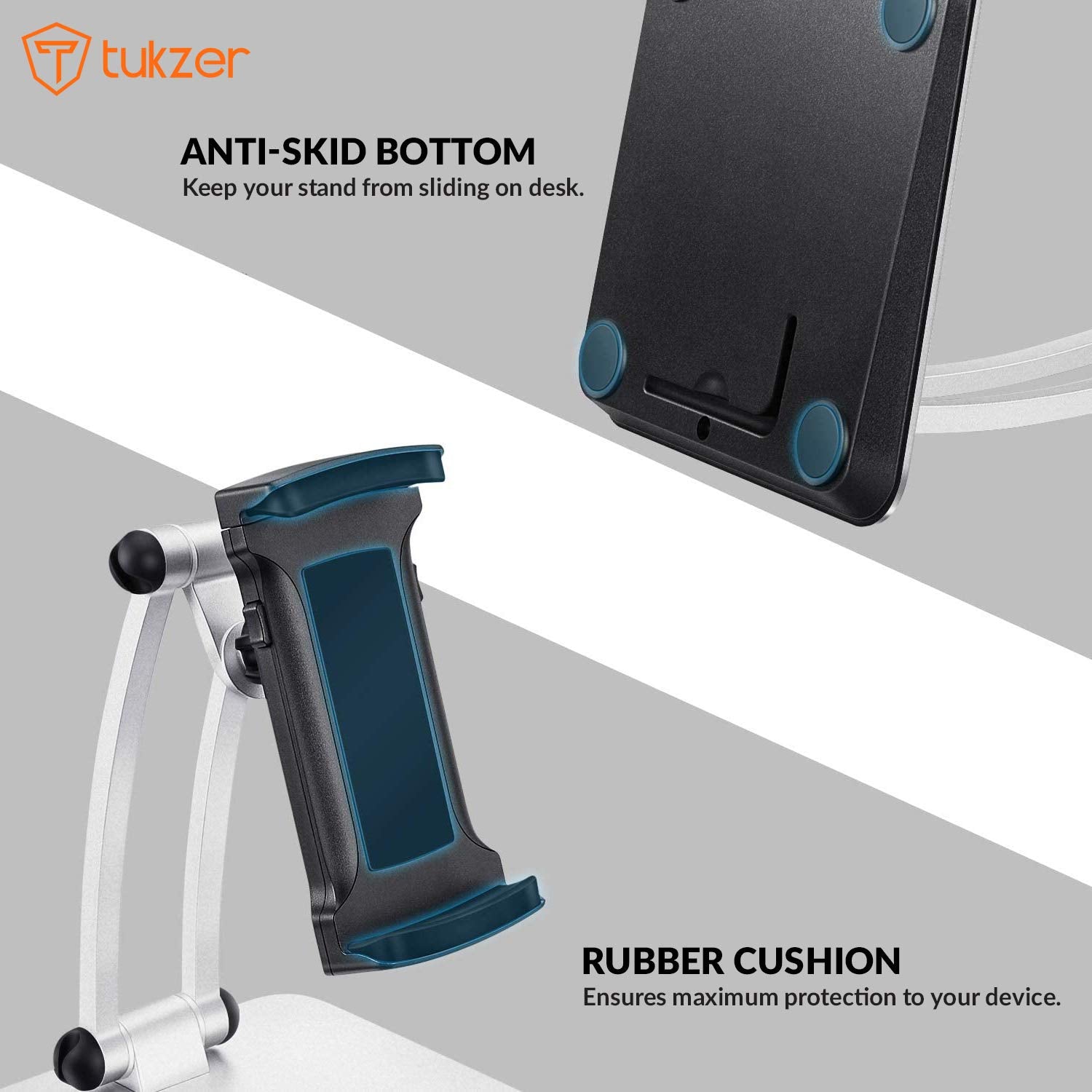 Tukzer Foldable Professional Tablet & Mobile Stand Holder with 360° Swivel & Height/Angle Adjustment| Sturdy & Heavy Metal Base, Solid Structure Cable Clips| for Up to 12 Inch Screen Devices (Grey)